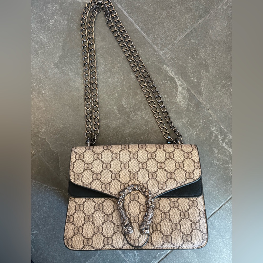 Designer-Inspired Beige Monogram Chain Shoulder Bag